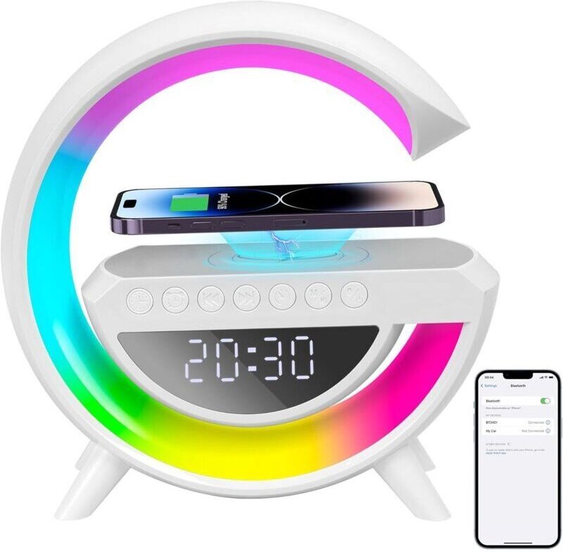 Kabellose Ladelampe, multifunktionales RGB-Nachtlicht, kabellose Ladestation, Bluetooth-Lautsprecher, digitaler Wecker