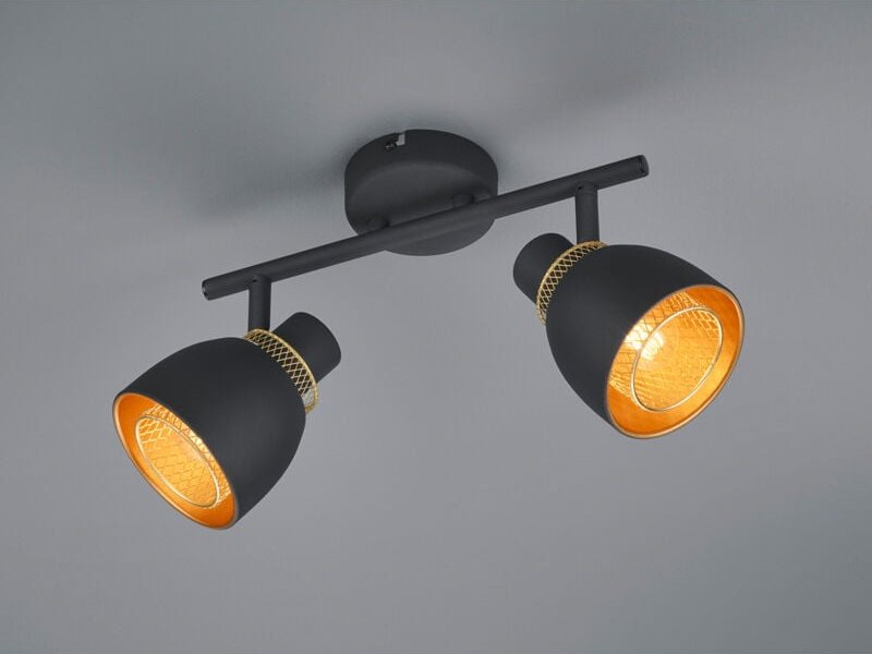 Thumbnail - Led Deckenstrahler 2-flammig Schwarz Gold mit Drahtgeflecht, Breite 28cm