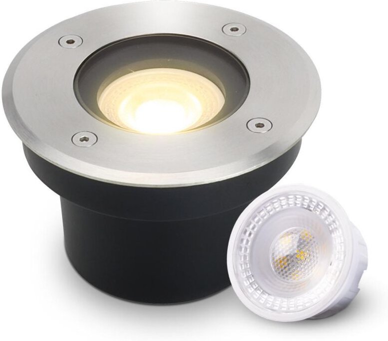 Thumbnail - LED Bodeneinbaustrahler FLACH rund Edelstahl 230V IP67 - Leuchtmittel: 5W 2700K DIMMBAR 60° - Anzahl: 1x