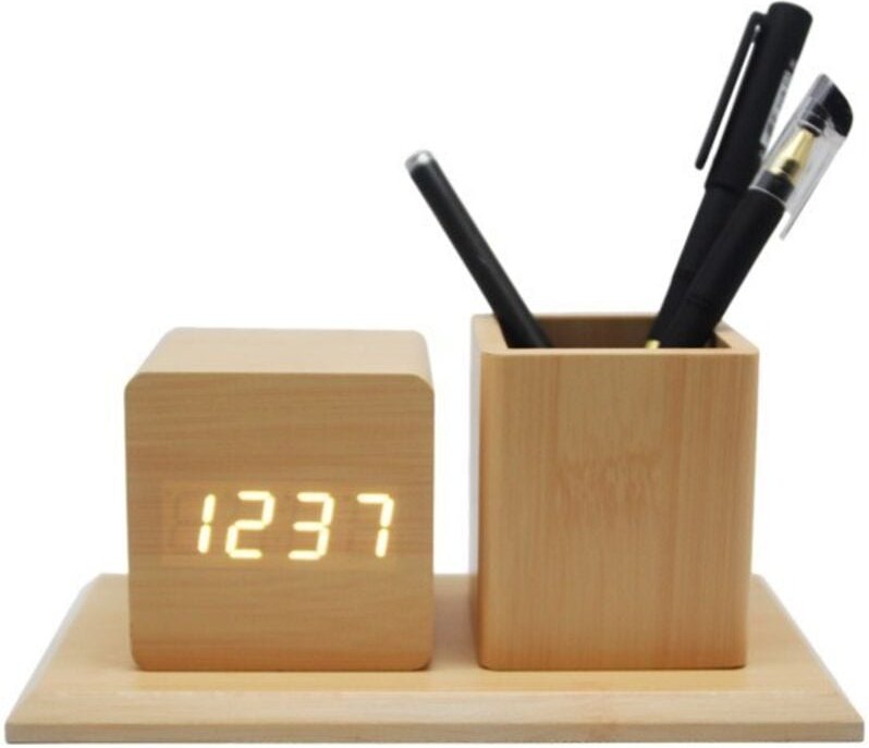 ThreeH Digitaler Wecker aus Holz mit Stifthalter, Zeitanzeige, 3 Alarmeinstellungen, Tonsteuerung, Uhr mit 3 Helligkeits...