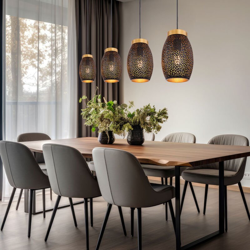 Hängeleuchte Pendellampe Esstischleuchte, Orientalische Hängelampe, 4-flammig, Dekorstanzungen, Metall, schwarz gold, 4x...