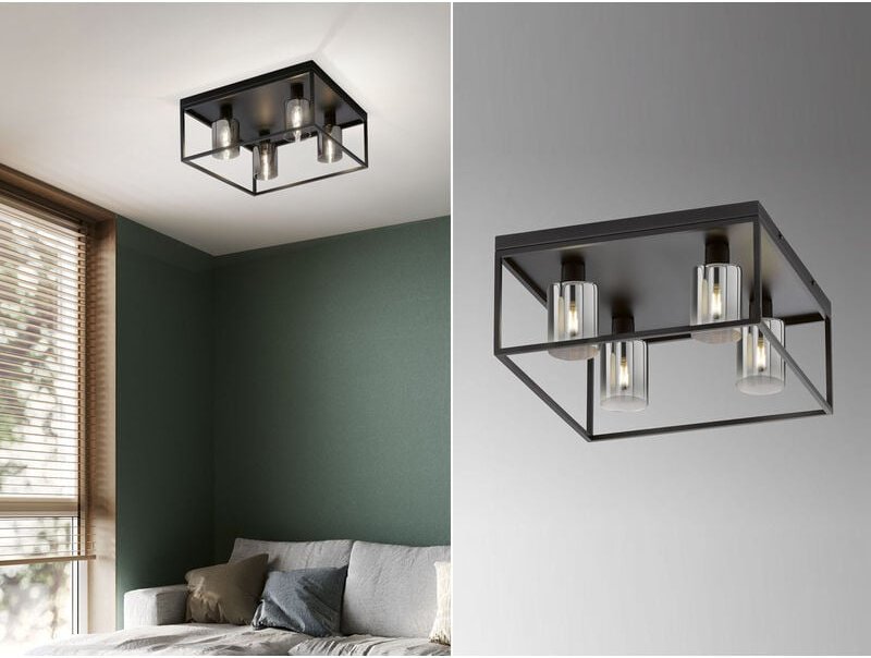 Led Deckenleuchte 4-flammig Schwarz mit Rauchglas, Quadrat 45cm