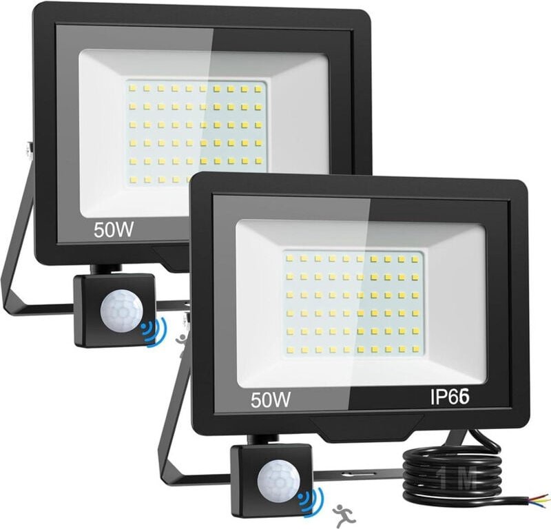 Thumbnail - 2er-Pack Sicherheitsleuchten für den Außenbereich mit Bewegungsmelder – 50 w ultrahelle led – Netzbetrieben – IP66 wasse...