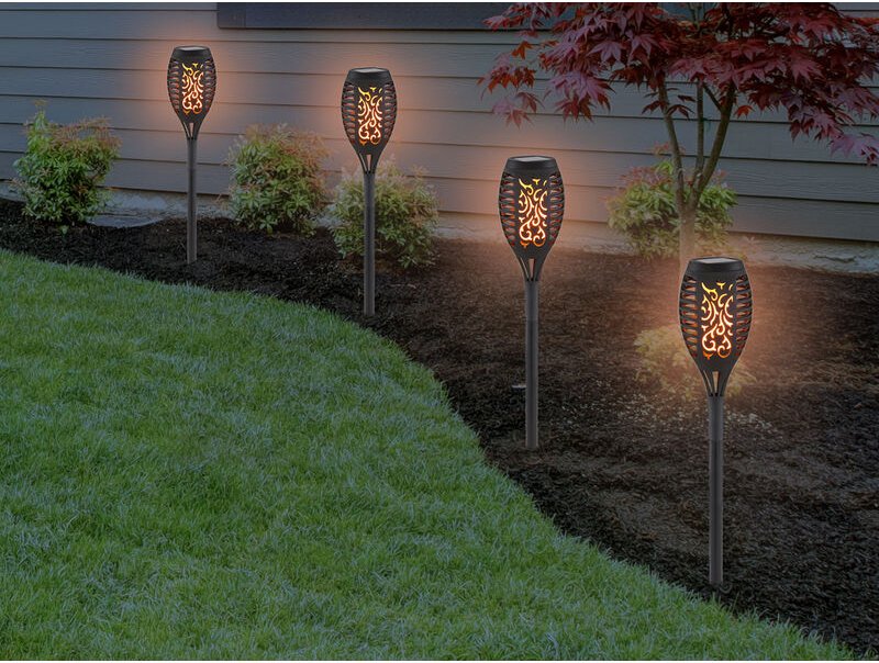 Solarfackeln 4er Set mit Flammeneffekt, Schwarz, Höhe 50cm