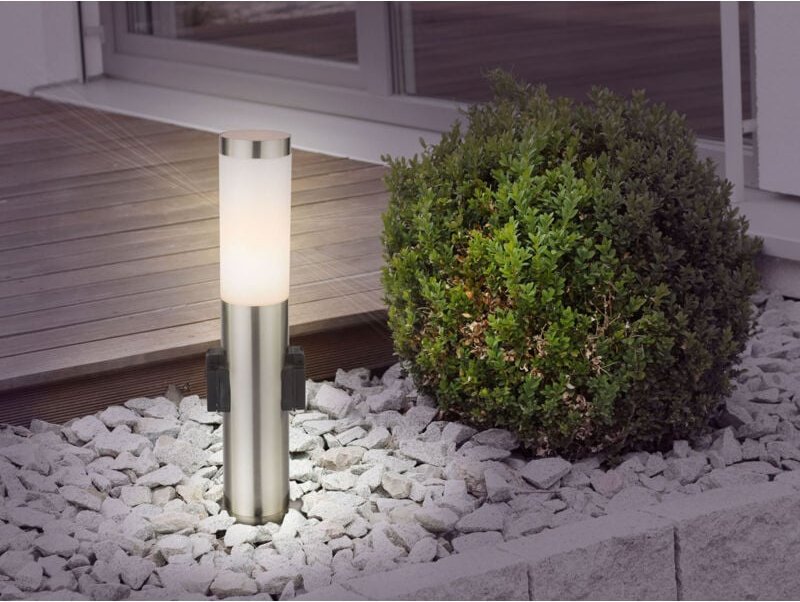 Meinewunschleuchte - led Sockelleuchte aus Edelstahl in Silber mit zwei Steckdosen, Höhe 45cm