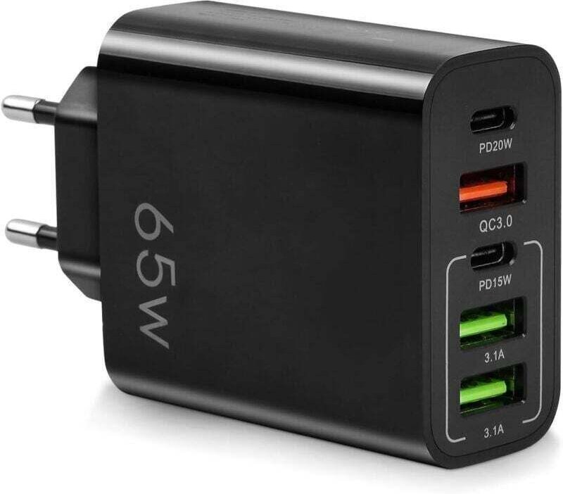 65-W-Schnellladegerät mit USB-C-Anschluss, Multiport-Adapter mit 2 USB-C-Anschlüssen + 2 USB-Anschlüssen + 1 QC 3.0-Ansc...