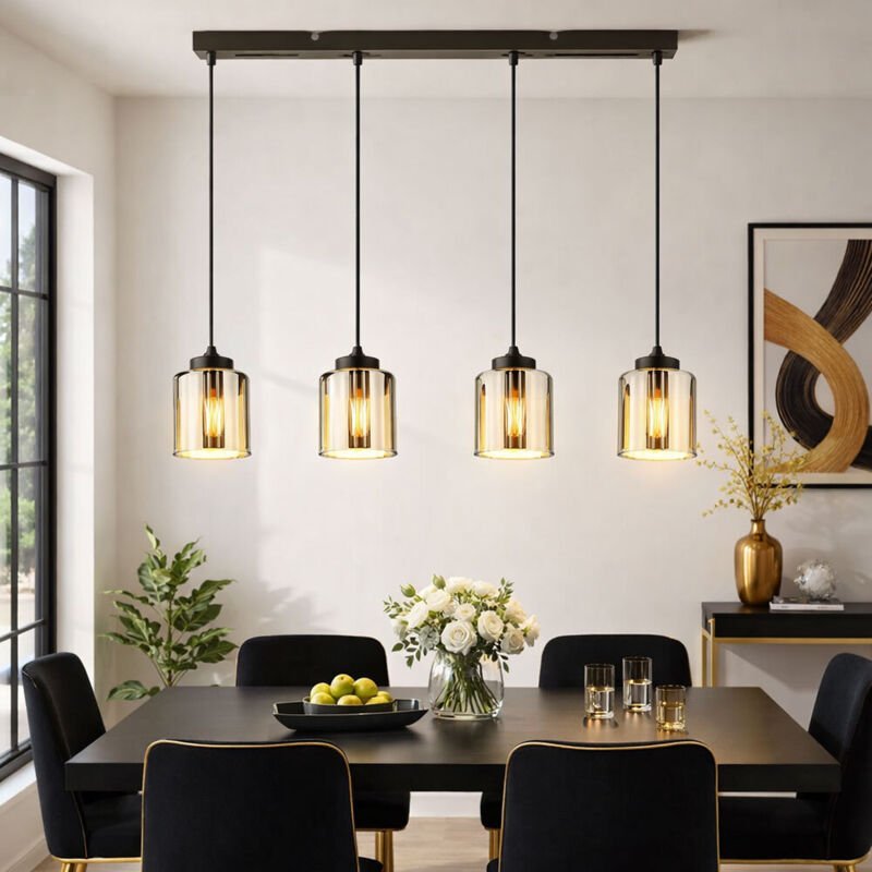 LED Hängeleuchte Glas verchromt Pendelleuchte schwarz-chrom Hängelampe Höhenverstellbar, Metall, 4x 9W 810Lm warmweiß, D...