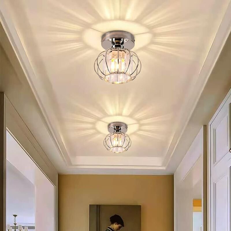 Deckenlampe Kristall Silber, 2x E27 Moderne Deckenleuchte Vintage Käfig Lampenschirm für Eingang Flur Schlafzimmer Wohnz...