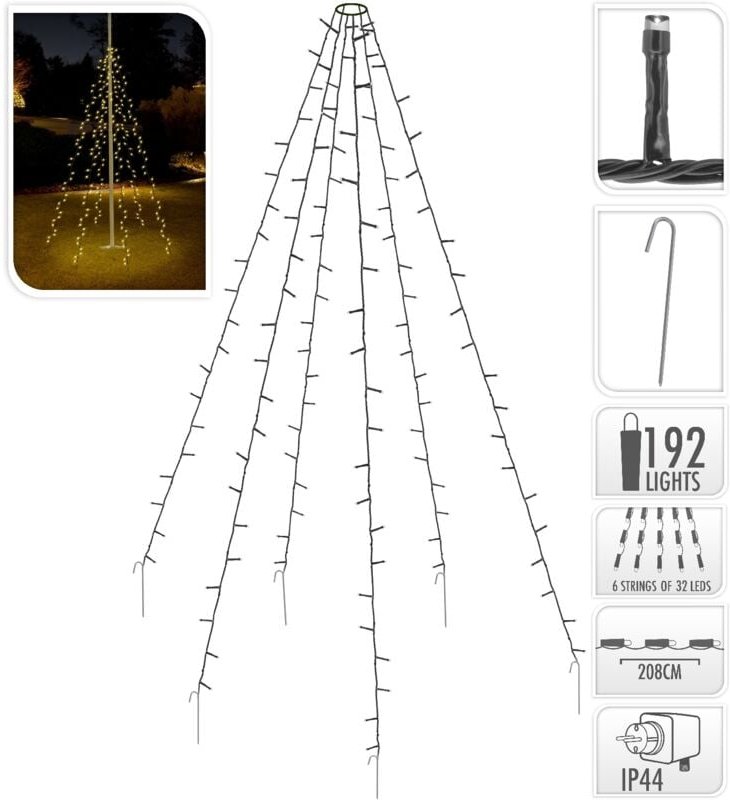 Ecd Germany Fahnenmast Lichterkette, 6 Stränge à 2,08 Meter mit 192 led in Warmweiß für Bäume, inkl. 6 Heringen und 6 Ka...