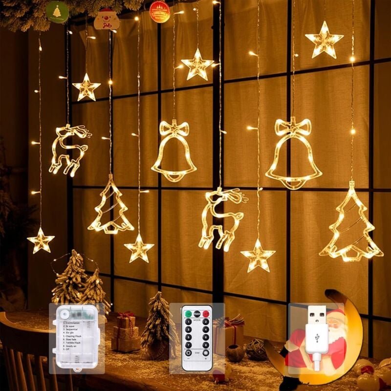 Weihnachtsvorhanglichter, 3,5 m lange Lichterkette mit Elchglocken, 8 Modi, USB-Lichterkette und Fernbedienung für Schla...