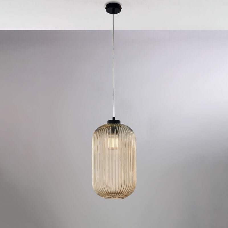 Belight - Krizia – Pendelleuchte schwarz, Glas amber mit Streifendekor, Ø20, 1-flammig – BL310-S1-AM