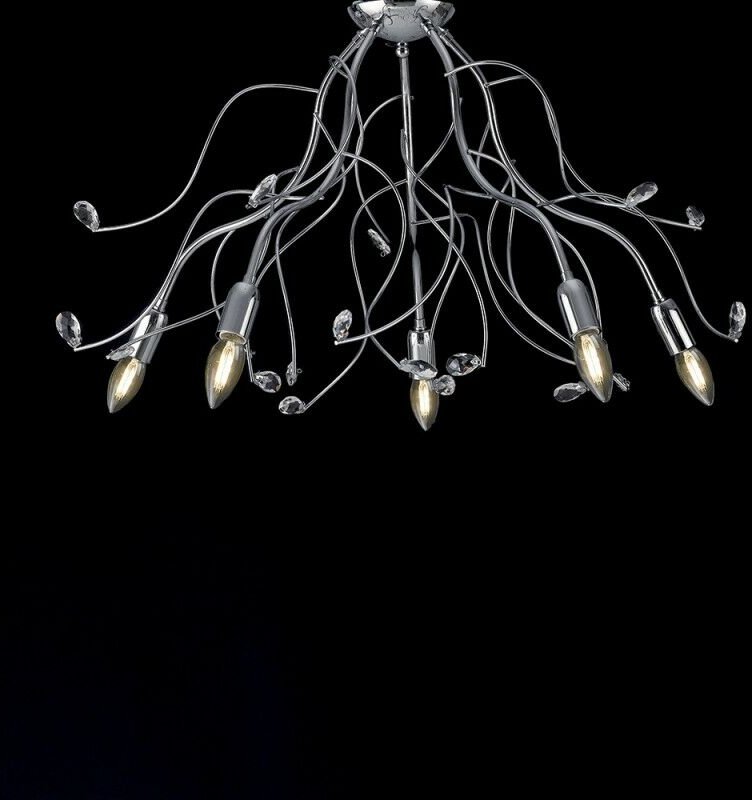 Deckenlampe aus poliertem verchromtem Eisen mit 5 Lichter Kristall Strasssteinen