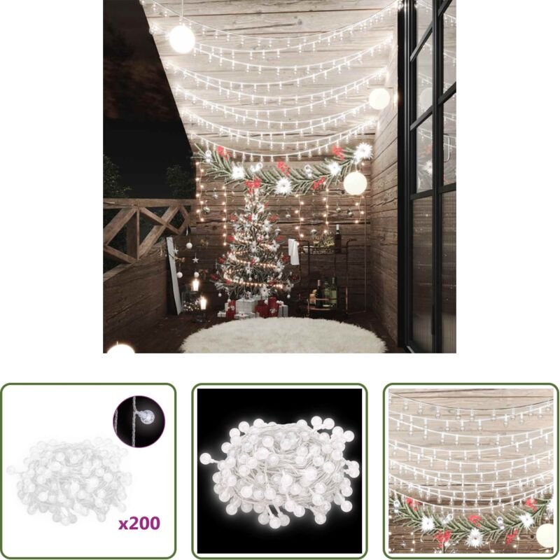 Weihnachtsbeleuchtung - Lichterkette Kugeln 20 m 200 LED Kaltweiß 8 Funktionen