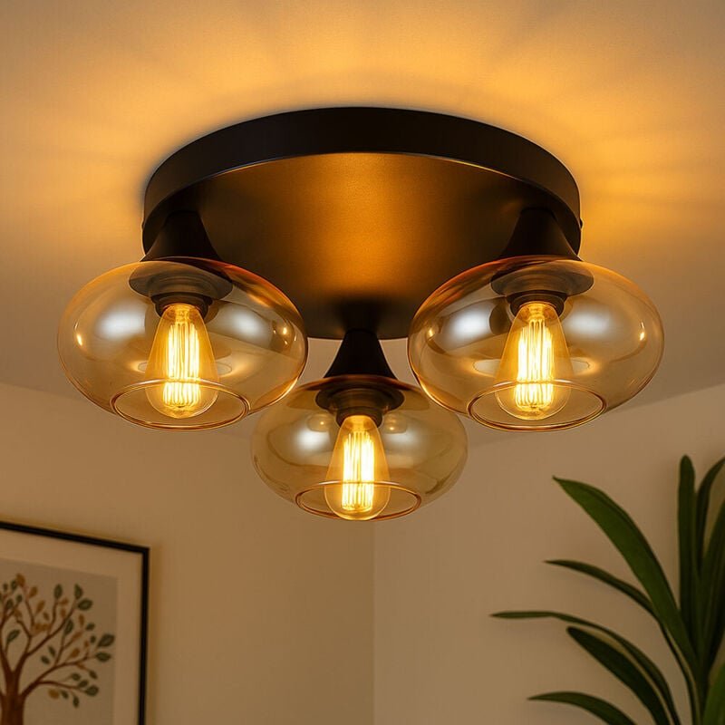 LED Deckenlampe schwarz Wohnzimmerlampe Deckenleuchte 3 flammig, Glas amberfarben, 3x 4W 470Lm warmweiß, DxH 39 x 15 cm