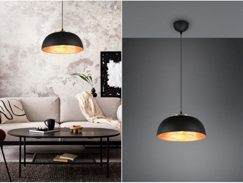 Led Pendelleuchte Metall Schwarz Gold mit Drahtgeflecht, ø 35cm