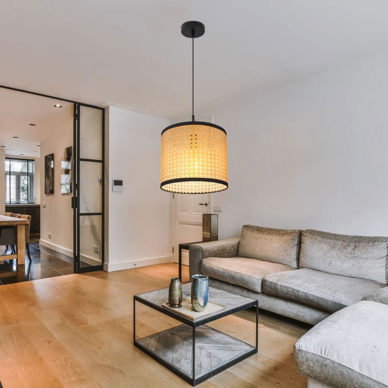 Hängeleuchte Bambusoptik Esszimmerleuchte natur Pendelleuchte Wohnzimmer, schwarz Metall Kunststoff, 1x E27 Fassung, DxH...