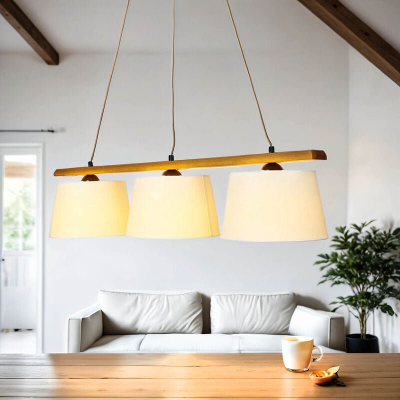 Pendelleuchte Esstisch Holz Stoff 3 flammig E27 wohnlich