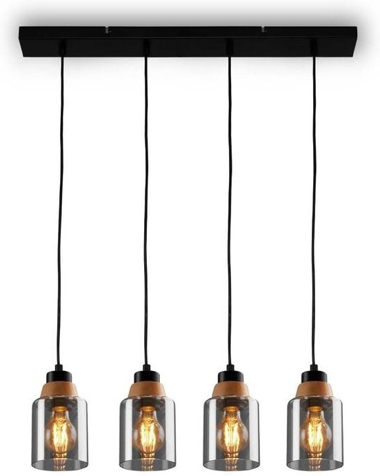 Pendant light, with wood, smoked glass, 4xE27/max.