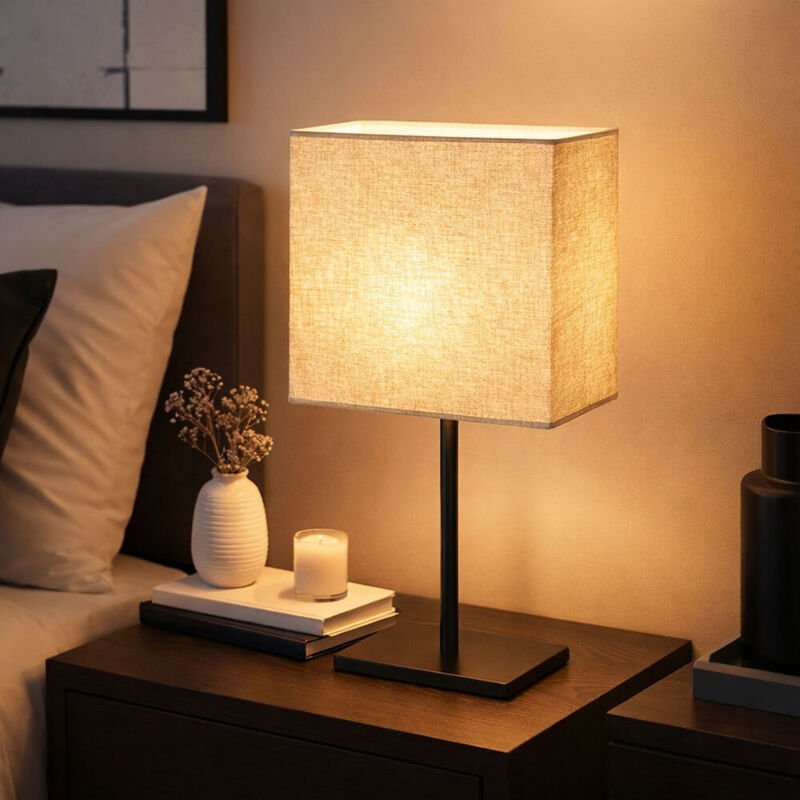 Thumbnail - Tischleuchte Leinen sandfarben Nachttischleuchte schwarz Wohnzimmerlampe Tischlampe, Metall, E14 Fassung, LxBxH 17x10x30...