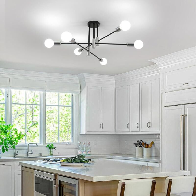 GOECO Moderne 6-armige Metall-Deckenleuchte, Schwarz und Chrom, 71 x 71 x 32 cm, E27-Fassungen (Leuchtmittel nicht entha...