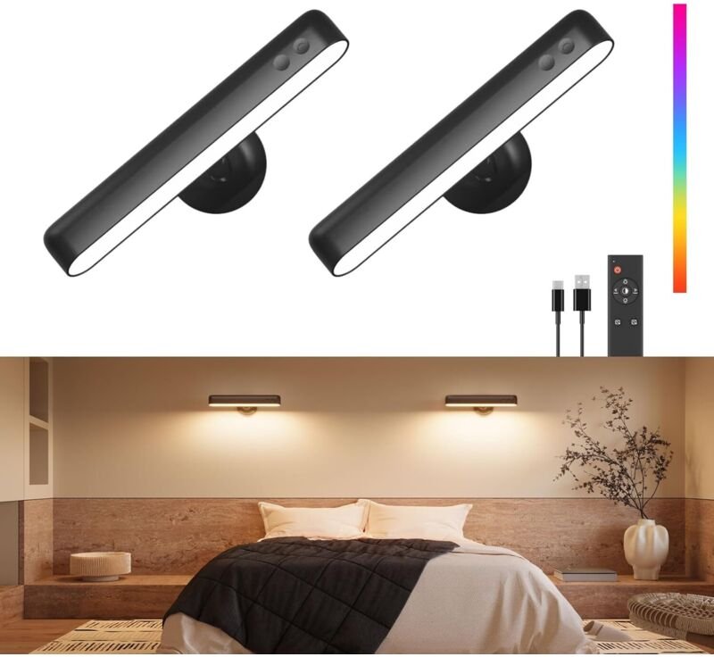 Akku Wandleuchten 7500mAh, Wiederaufladbare LED-Wandleuchten für Schlafzimmer mit Touch- und Fernbedienung, 3 Farben, Ka...