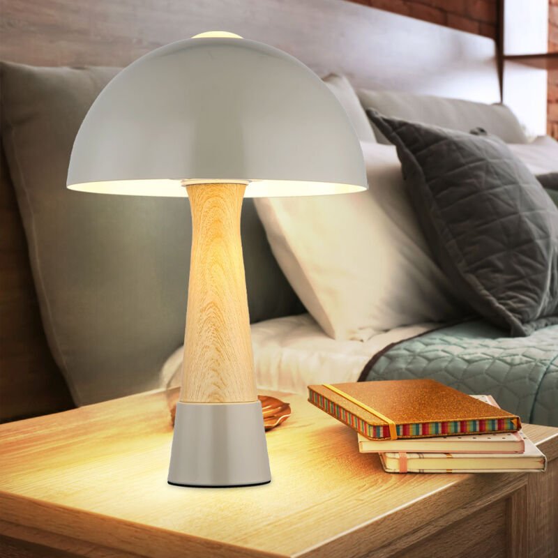 Retro Tischlampe Pilz Holzoptik Wohnzimmerlampe im Pilzdesign Nachttischlampe Tischleuchte Schlafzimmerlampe, Grau matt,...