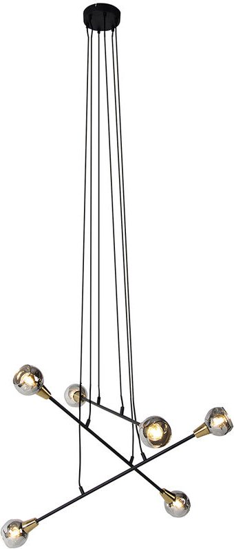 Hängelampe schwarz mit Messing und Rauchglas 6 Lichter - Vidro