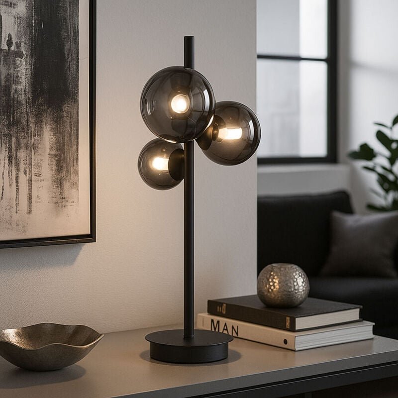 Fischer&honsel - led Tischleuchte bala Schwarz mit 3 Rauchglas Kugeln, Höhe 48cm