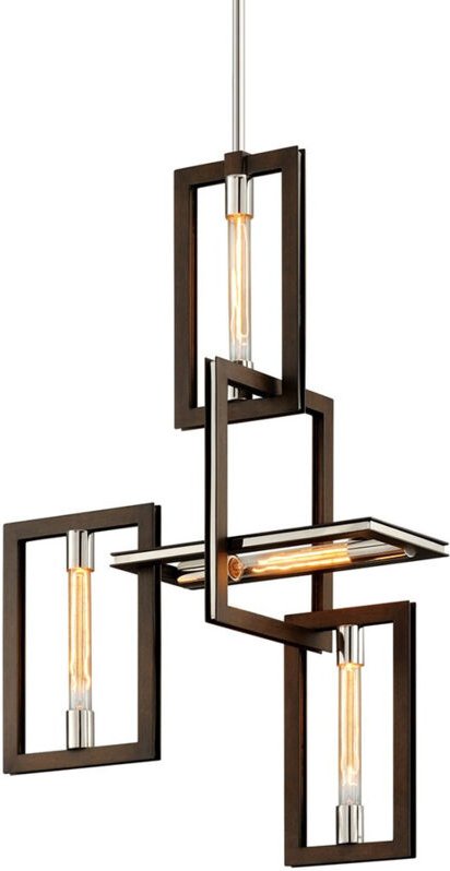 Enigma 4-flammiger Kronleuchter aus Bronze mit poliertem Edelstahl