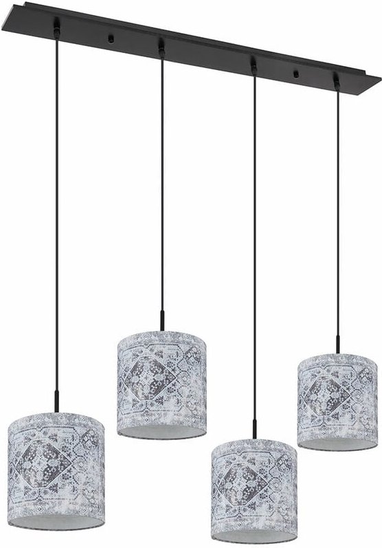 Hängeleuchte Pendellampe Wohnzimmerleuchte Esszimmerlampe, 4 Flammig, Muster Textilschirme, Metall schwarz grau, h 150 c...