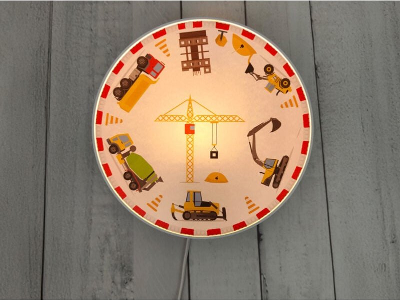 Kinderzimmer Wandlampe Weiß mit Baustellen Motiven, Schalter und Stecker, ø 25cm