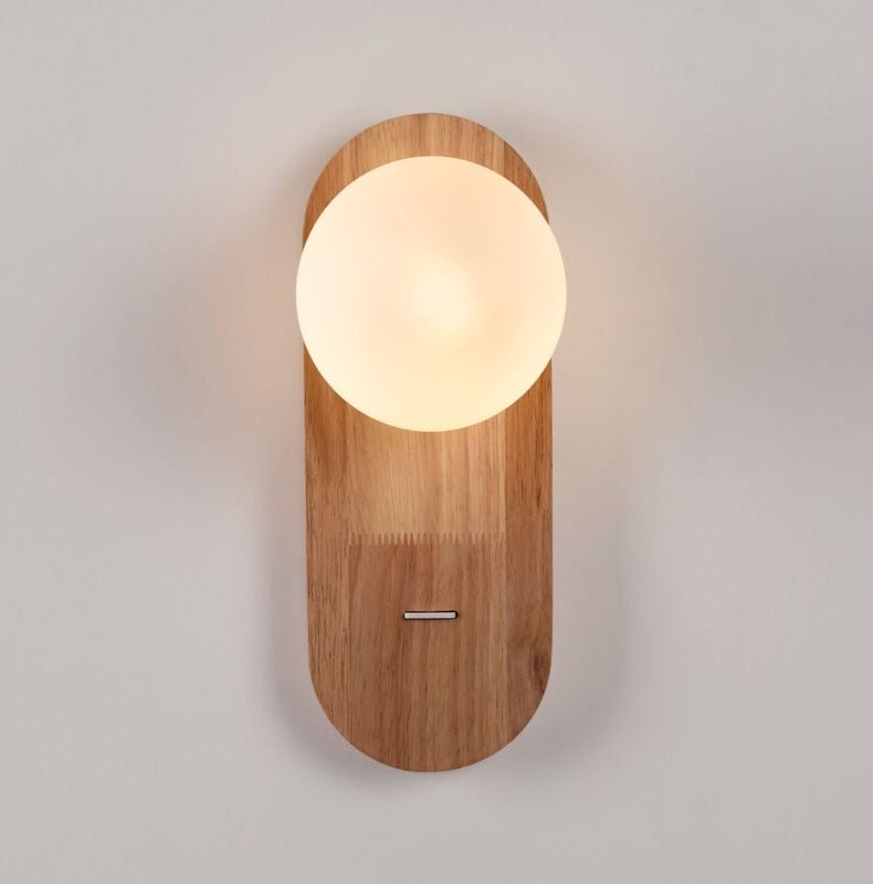 Wandleuchte Kugel aus Glas "SOMA" mit Schalter - E27 - Holz