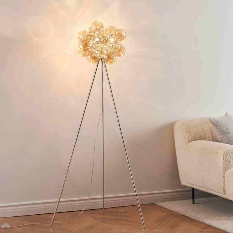 Dreibeinige Stehlampe verchromt mit bernsteinfarbenem Glas - Bartali