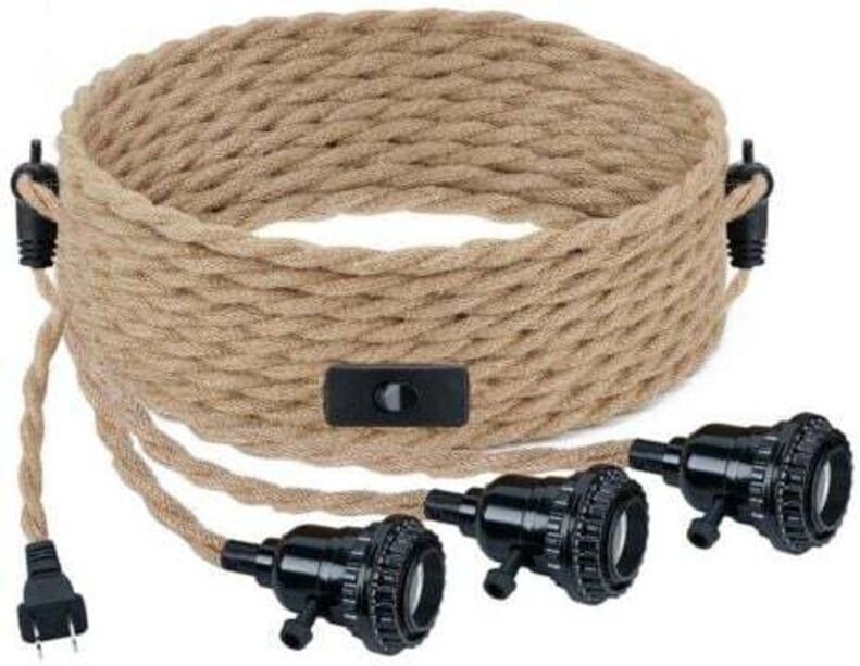 E27-Lampenfassung 6,8 m, Hängekabel für Kronleuchter, E27-Steckdosenschalter, 3 Steckdosen, Vintage-Hanfseil-Kronleuchte...