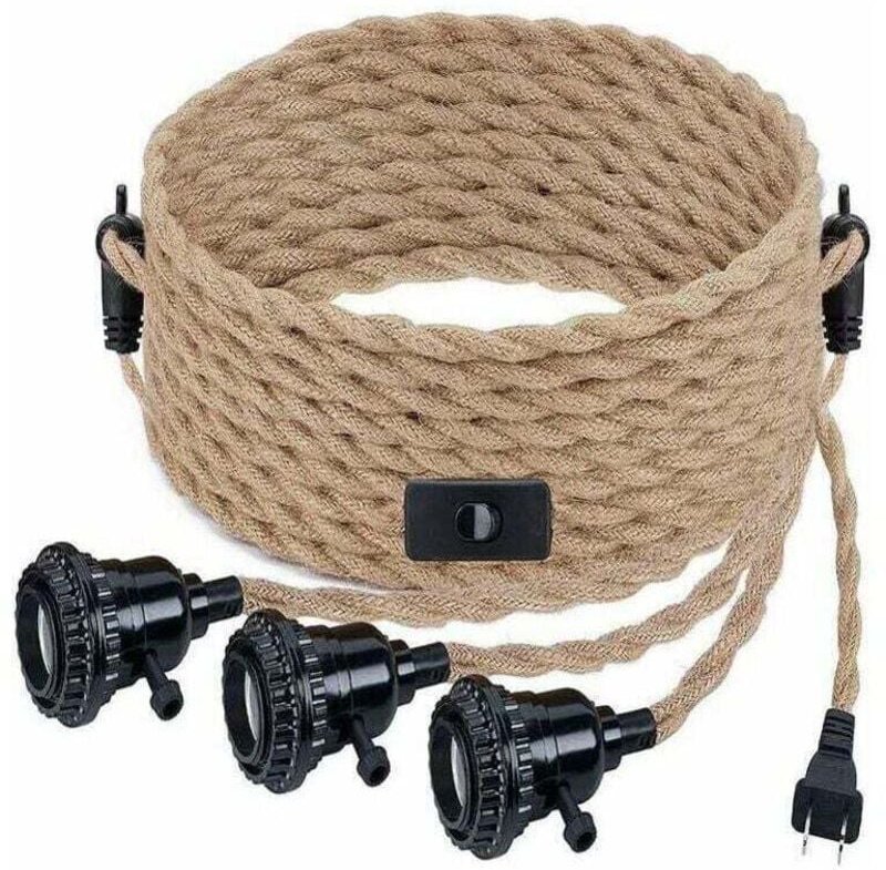 Pendelleuchte mit Schalter und Stecker, Industrieller Vintage Kronleuchter 3 Lichter E27 DIY Hängelampe Hanfseil Retro S...