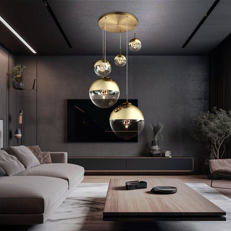 Hängeleuchte Wohnzimmerlampe Esstischlampe 5 flammig led Pendellampe Glas gold, 5x 3,7W 5x 320lm warmweiß, DxH 65 x 150 ...