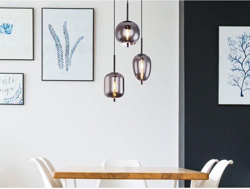 Led Pendelleuchte Metall Schwarz mit 3 Rauchglaskugeln, ø 46cm