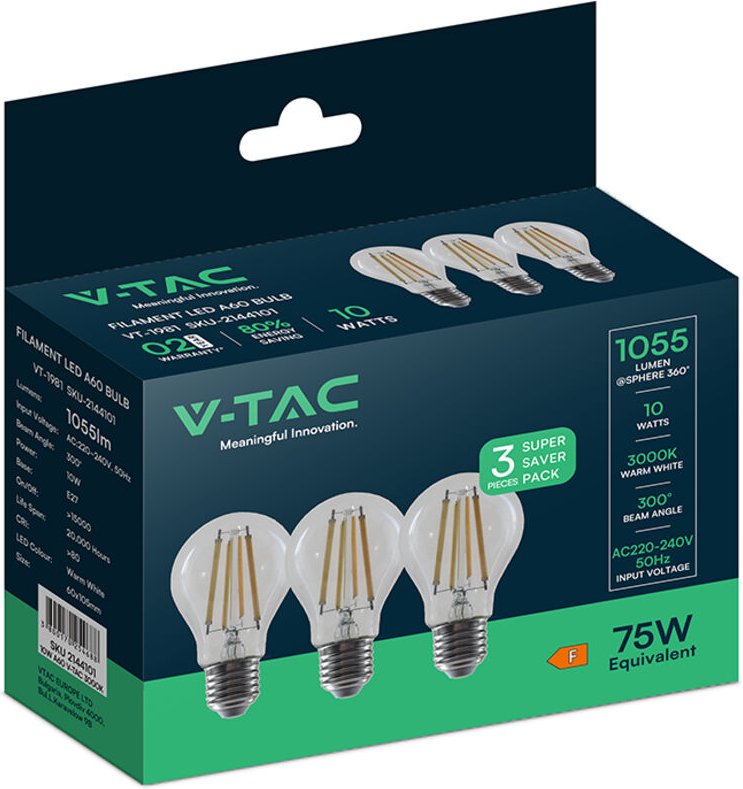 V-TAC LED-Glühbirne – RTL GLS – E27-Fassung – IP20 – Transparent – 10 W – 1055 Lumen – 3000 K – 3er-Pack