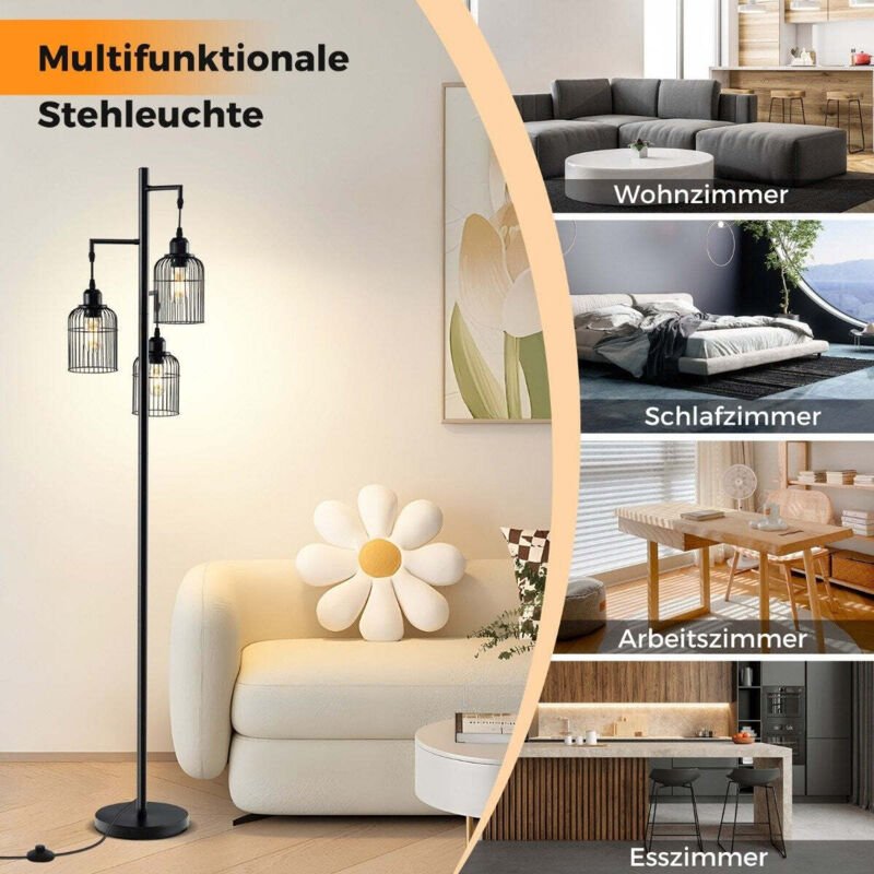 Industrielle stehleuchte 3 schirme fuschalter schwarz 169 cm
