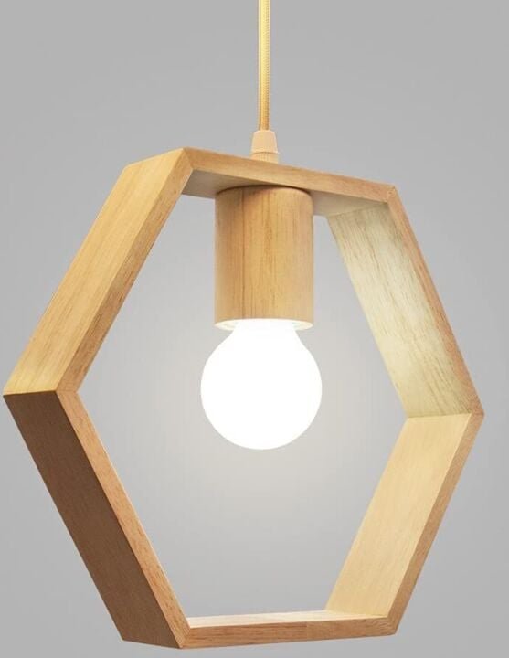 Nordische sechseckige geometrische Pendelleuchte aus Holz, Einzelkopf, Hängelampe für Esszimmer, Bar, Restaurant, Holzla...