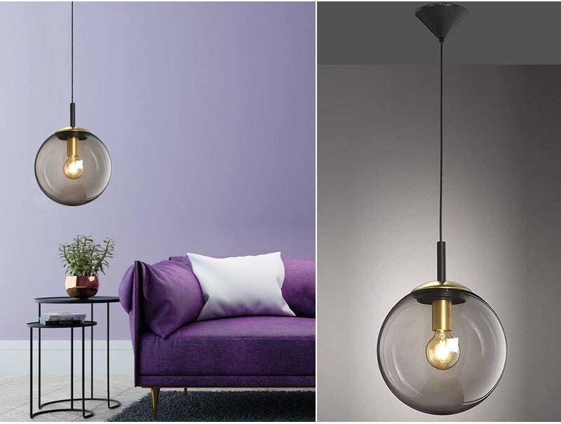 LED Pendelleuchte einflammig Rauchglas Schwarz mit Messing Kugel, Ø 30cm