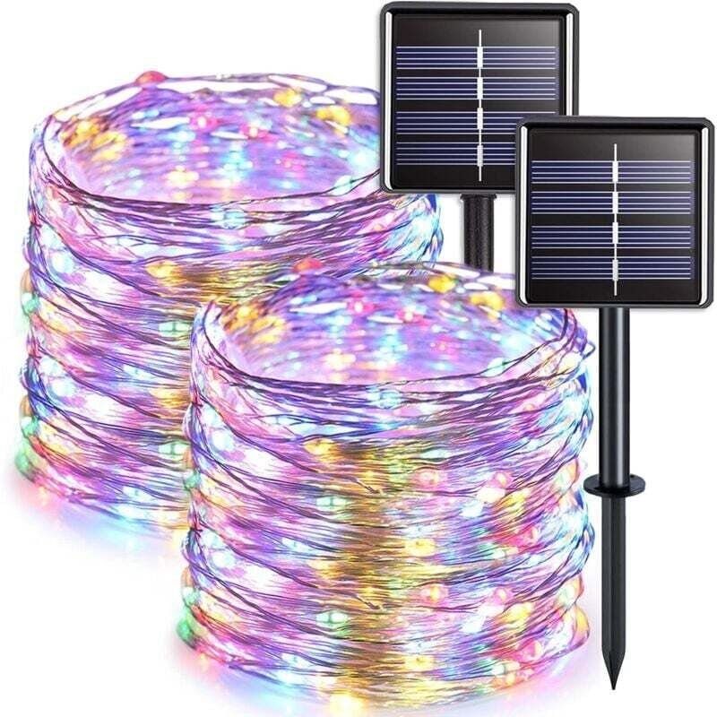 2er-Pack Solar-Lichterketten für den Außenbereich, Kupferdraht, wasserdicht, 7 Meter pro Kette, 50 LEDs (buntes Licht)