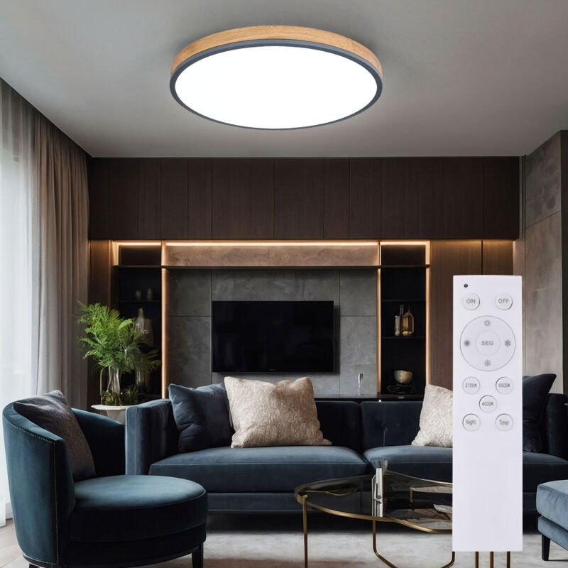 Globo - Deckenleuchte mit Fernbedienung led Deckenlampe dimmbar Wohnzimmerlampe, cct Nachtlicht, Alu Holzoptik, 1x led 4...