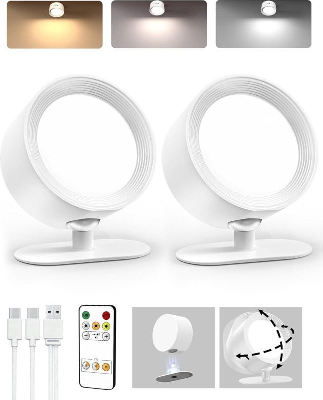 2LED-Wandleuchten, wiederaufladbare Wandleuchte, 3Farben, Timer, Fernbedienung und Touch-Funktion, 360°Drehung, dimmbare...