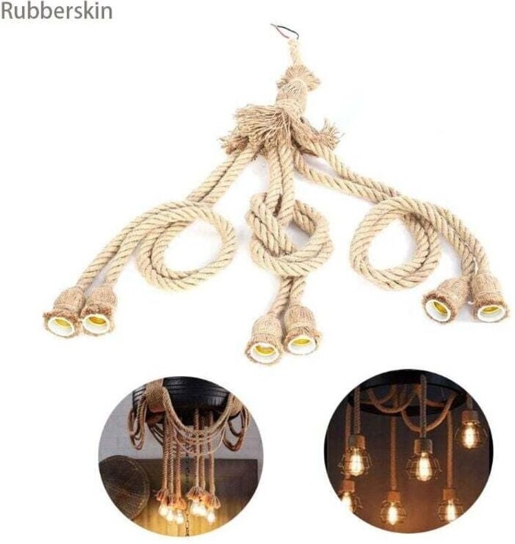 SNQ - Hanfseil-Glühbirnenfassung, E27-Sockel, 1 m Hanfseil-Elektrokabel, DIY-Pendelleuchte, dekorativ, mit 6 Fassungen f...
