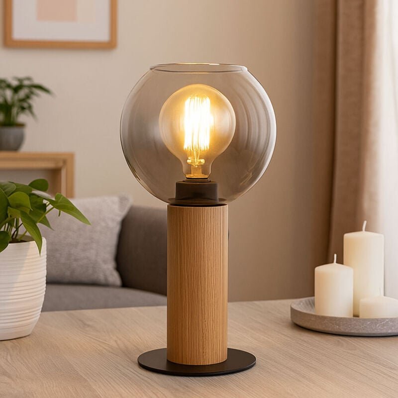 LED Tischleuchte Filament Schlafzimmerlampe Beistellleuchte Tischlampe Holzleuchte Rauchglas, Metall schwarz, 6W 806Lm w...