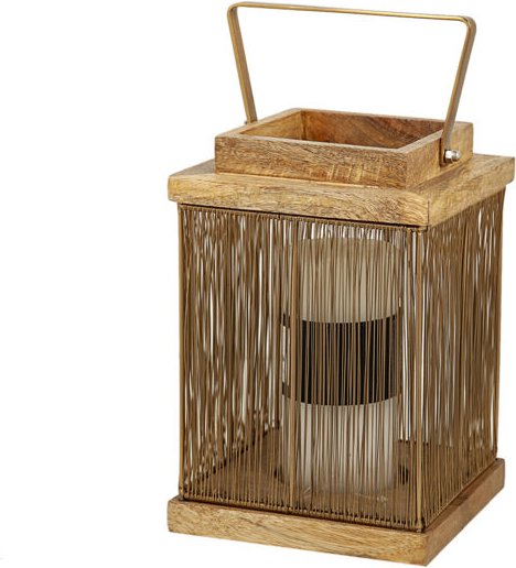 Fijalo - Laterne aus Holz/goldfarbenem Metall, 15 x 15 x 22 cm