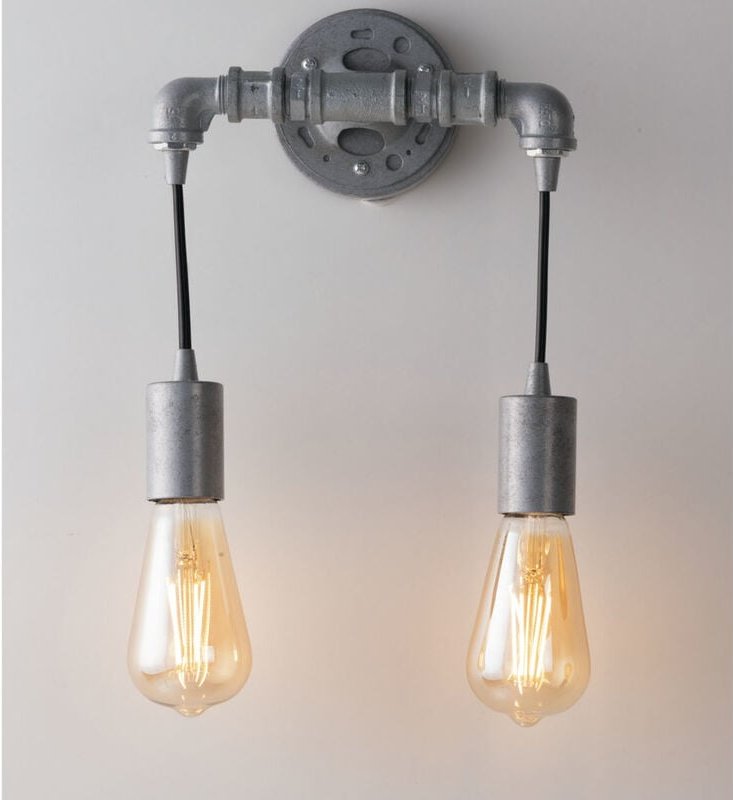 Meinewunschleuchte - led Innen Wandleuchte 2-flammig in Wasserrohr Optik, Grau antik