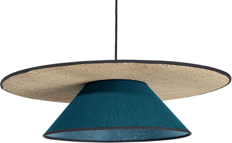 Hängeleuchte aus pfauenblauem Leinen und Bast D50 cm azami