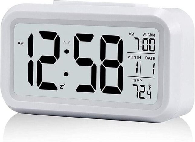 Cyslmuk - Weißer digitaler Wecker mit großer LCD-Temperaturanzeige, batteriebetriebener leiser Wecker mit Schlummerfunkt...